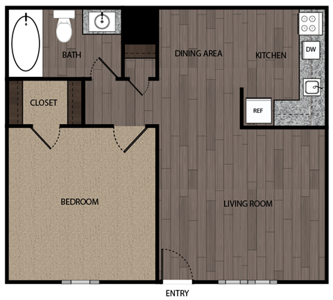A floor plan of a house with a bedroom, bathroom, kitchen, dining area, living room, and closet.